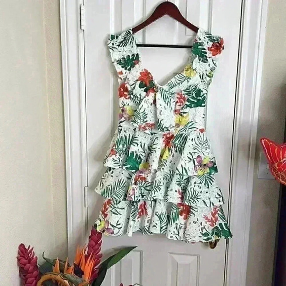 NWOT CAROLINE CONSTAS HELENA PRINTED LACE TIERED DRESS  medium made New York - Picture 2 of 9